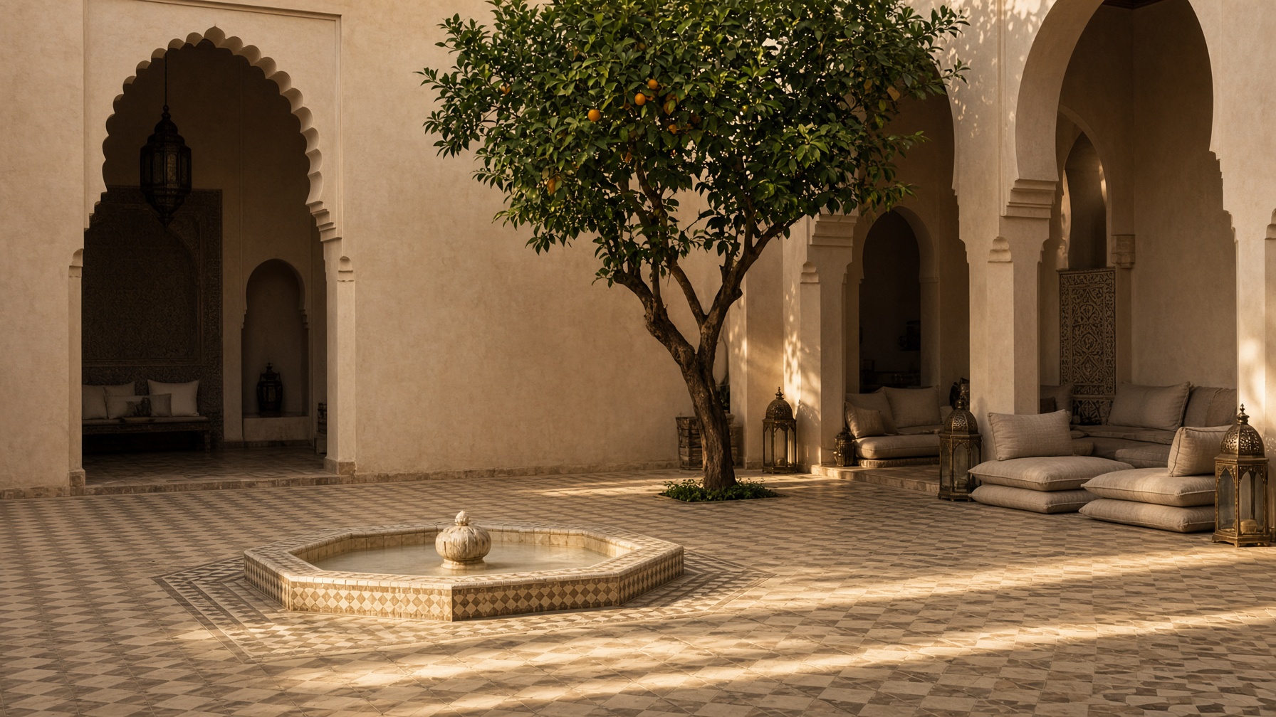Cour d'un riad, fontaine octogonale, lumière de fin d'après-midi.