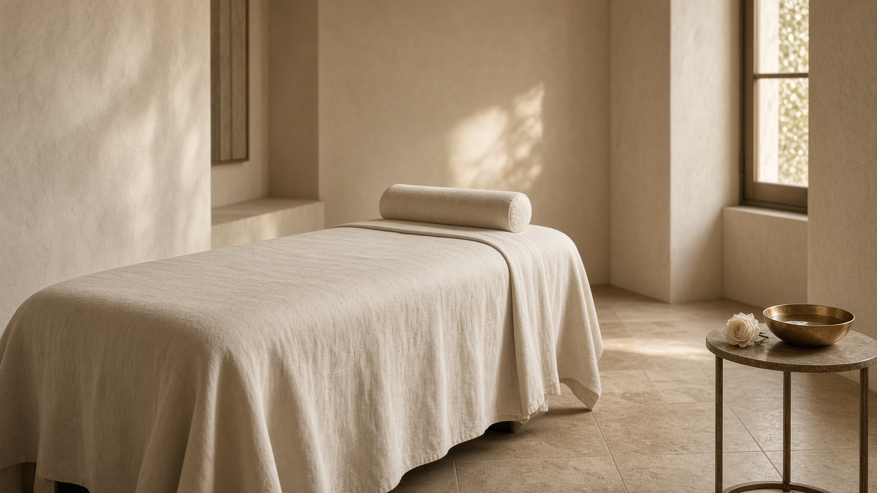 Table de massage dans un cabinet ivoire, linge crème, rose séchée et bol en laiton.